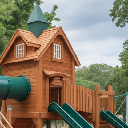 Wooden Kids Playhouse with Tube & Straight Slide | 12x12x9 ft Outdoor Playground