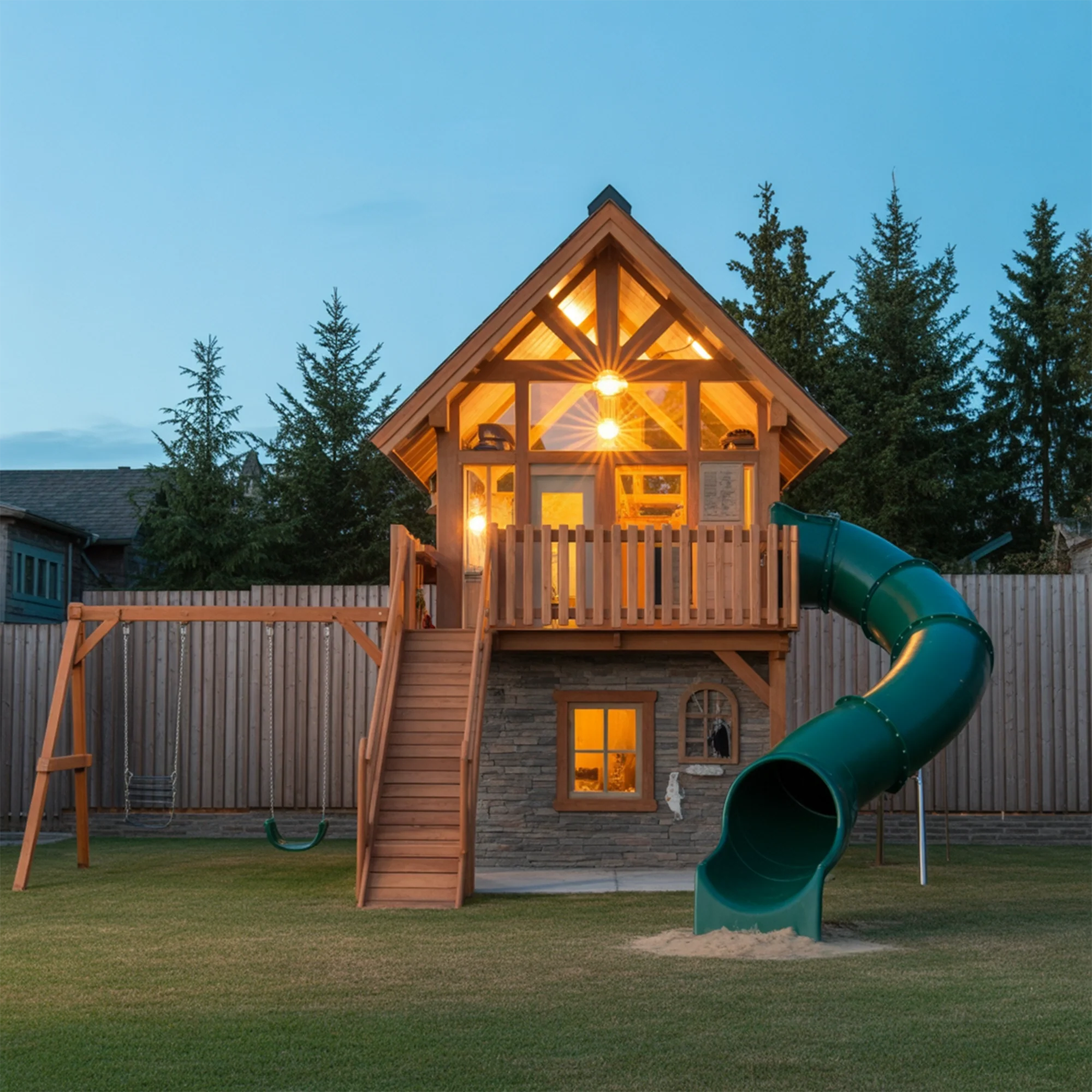 Two-Story Wooden Playhouse with Spiral Tube Slide & Swings | Outdoor Castle Playground for Kids Backyard Fun