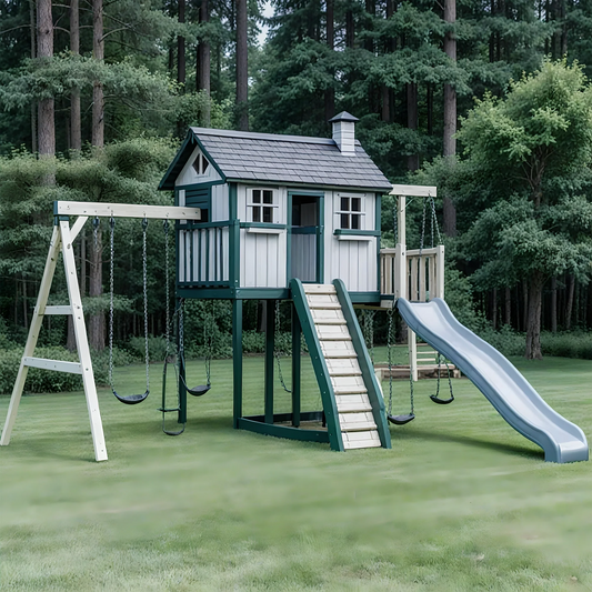 All-in-One Wooden Swing Set with Playhouse & Double Slides – Perfect Backyard Playground