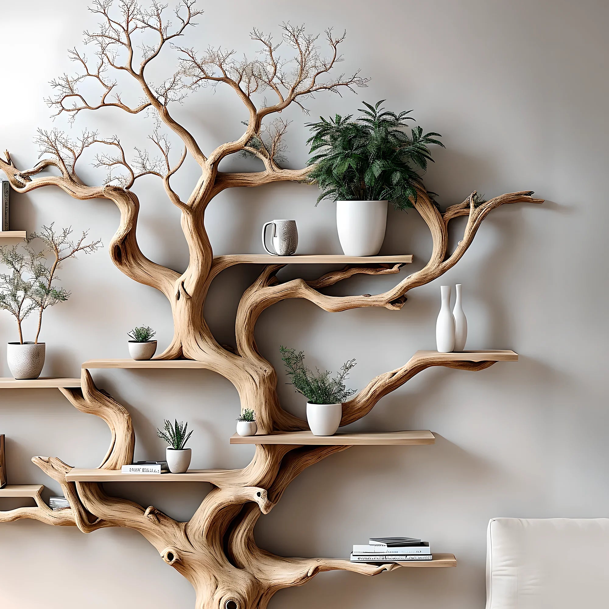 Driftwood bookshelf in the shape of perennial driftwood. Bookshelf in the shape of solid wood for home decoration 