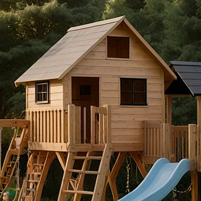 Sturdy Outdoor Wooden Swing Set with Slide & Sandbox – Backyard Playhouse Tower