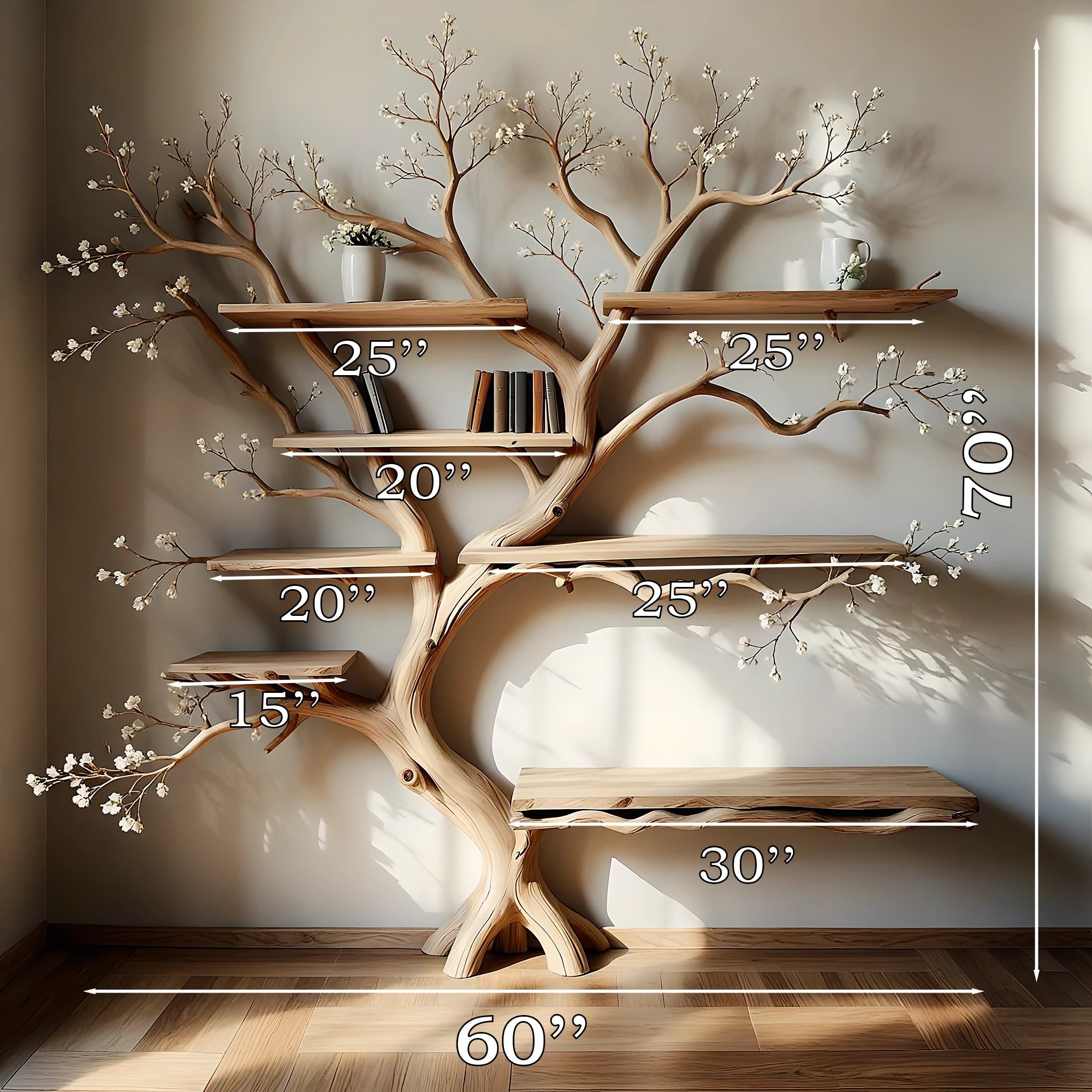 Modern rustic bookshelf in tree shape. Perfect for living rooms, nurseries, or reading nooks. 
