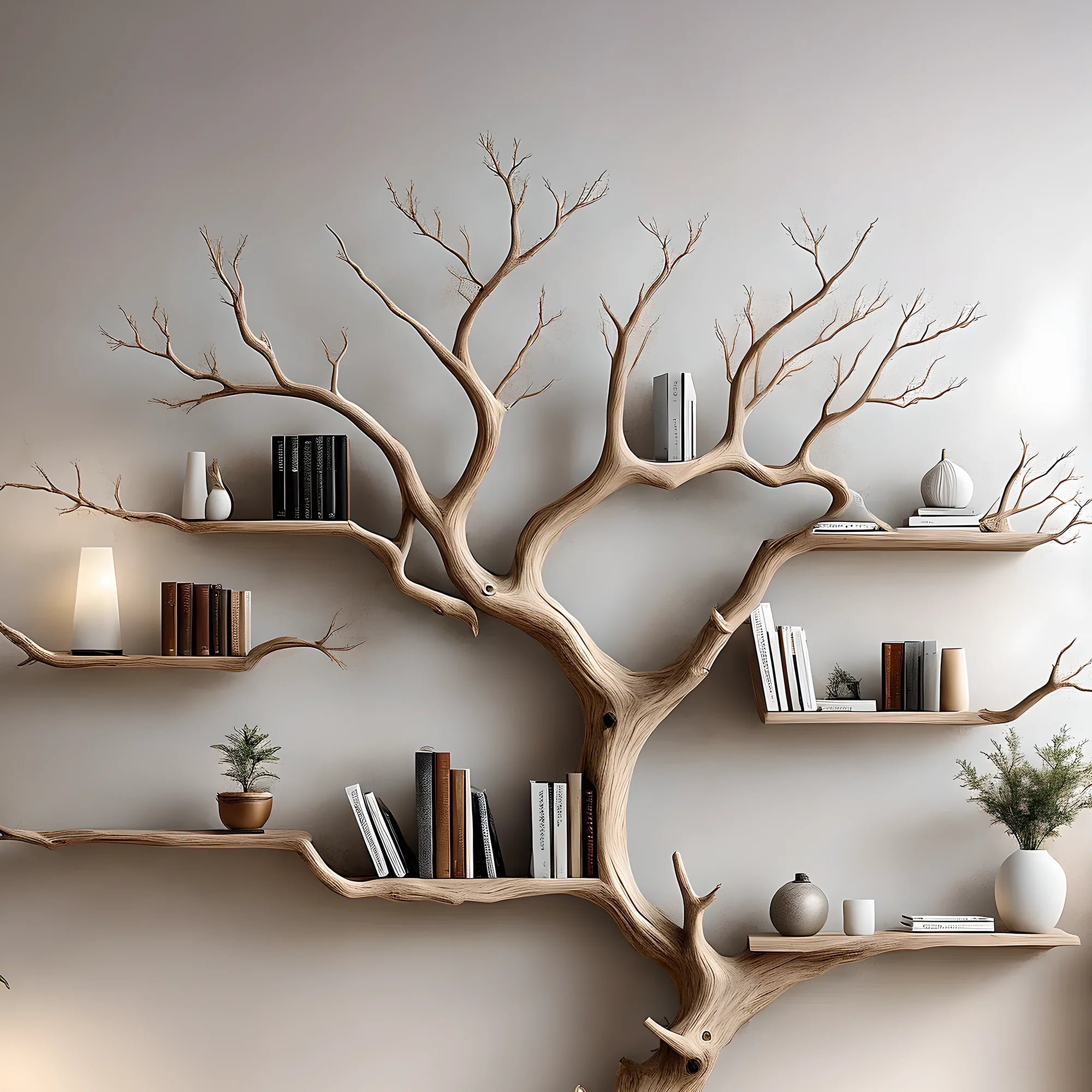 Wall-mounted bookshelf decorates the living room. Decorative bookshelf shaped like aged wood 