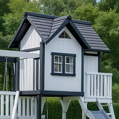 Outdoor Playhouse with Double Slides, Swings & Climbing Wall – Wooden Playground Set