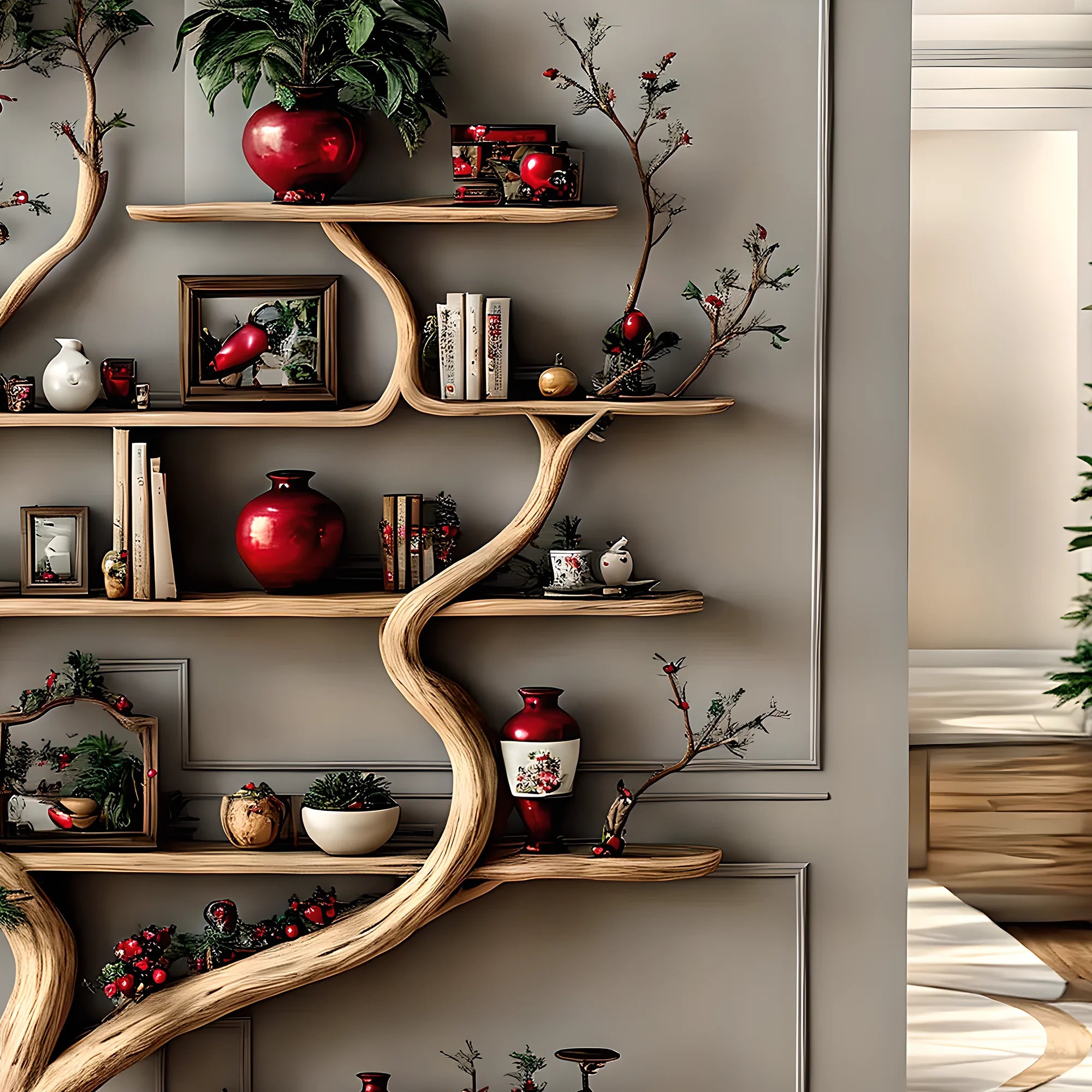 Decorative shelf in natural tree shape, solid wood, living room decoration 