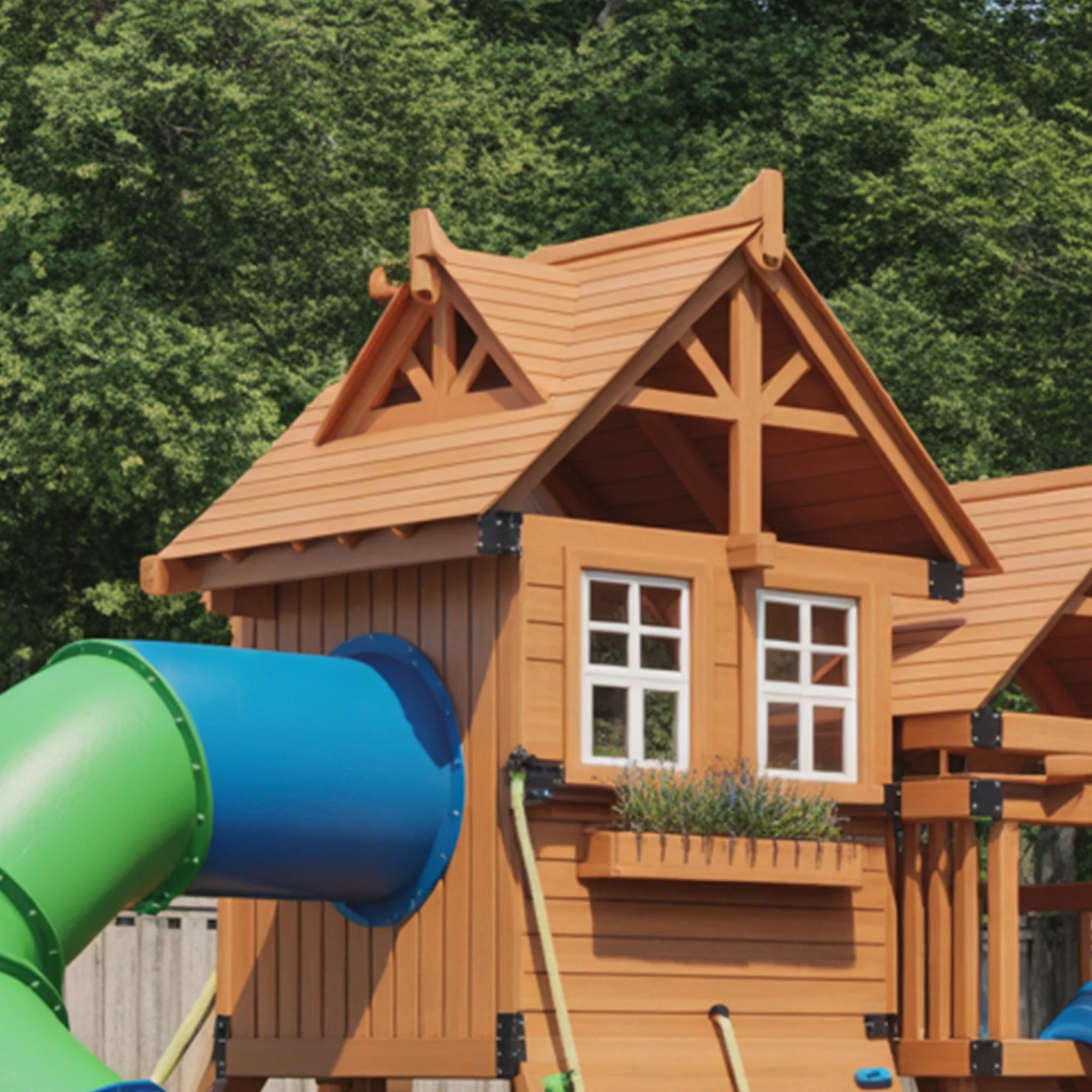 Wooden Outdoor Playhouse with Tube Slide, Straight Slide & Double Swings – Backyard Adventure Playset | 22x10x9 ft