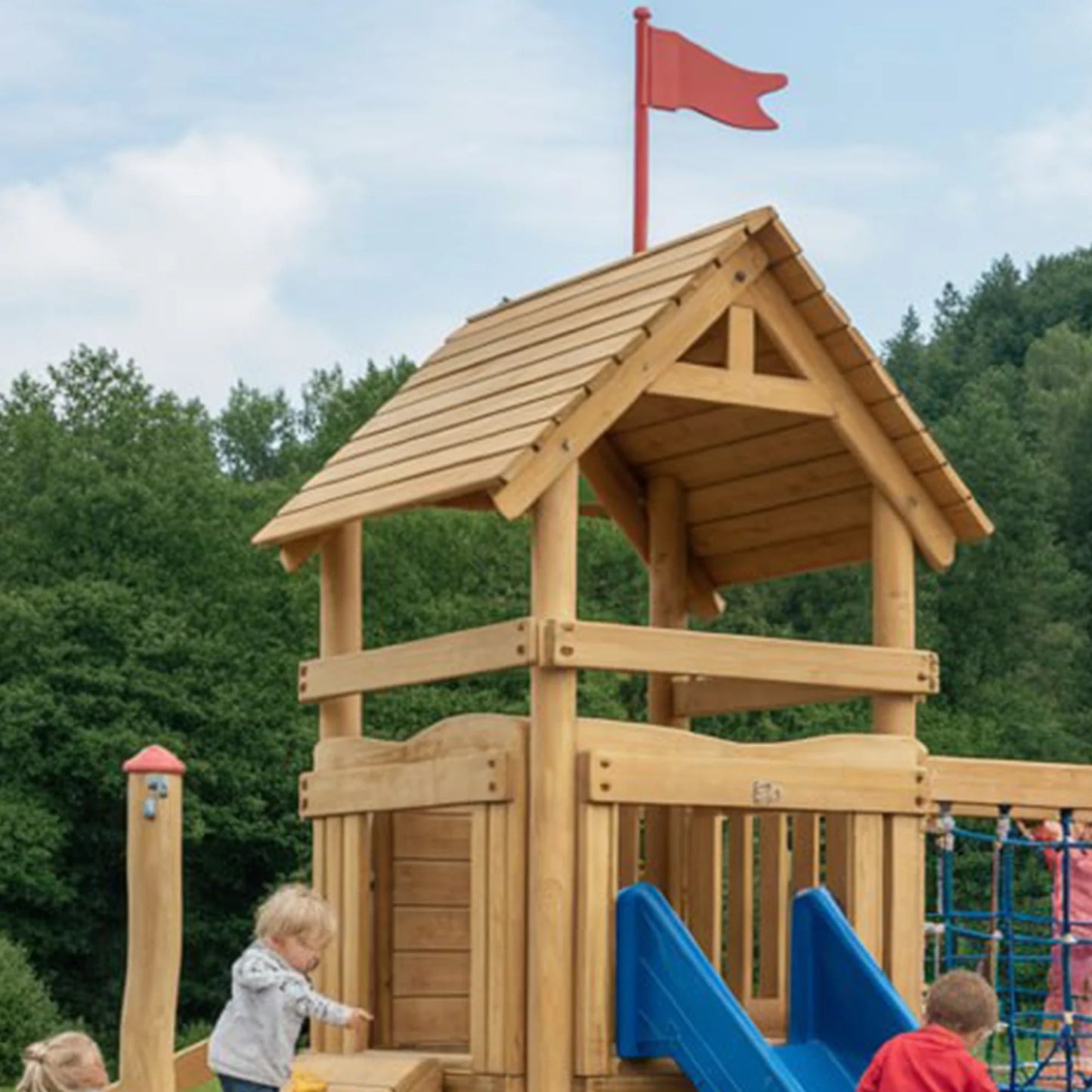 Kids Outdoor Wooden Swingset with Slide, Swings & Adventure Tower