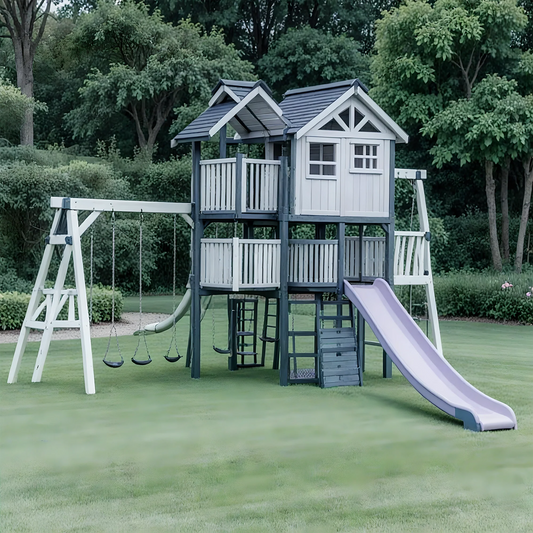 Safe Outdoor Playset for Kids – Wooden Playhouse, Climbing Ladder, Swings & Slides