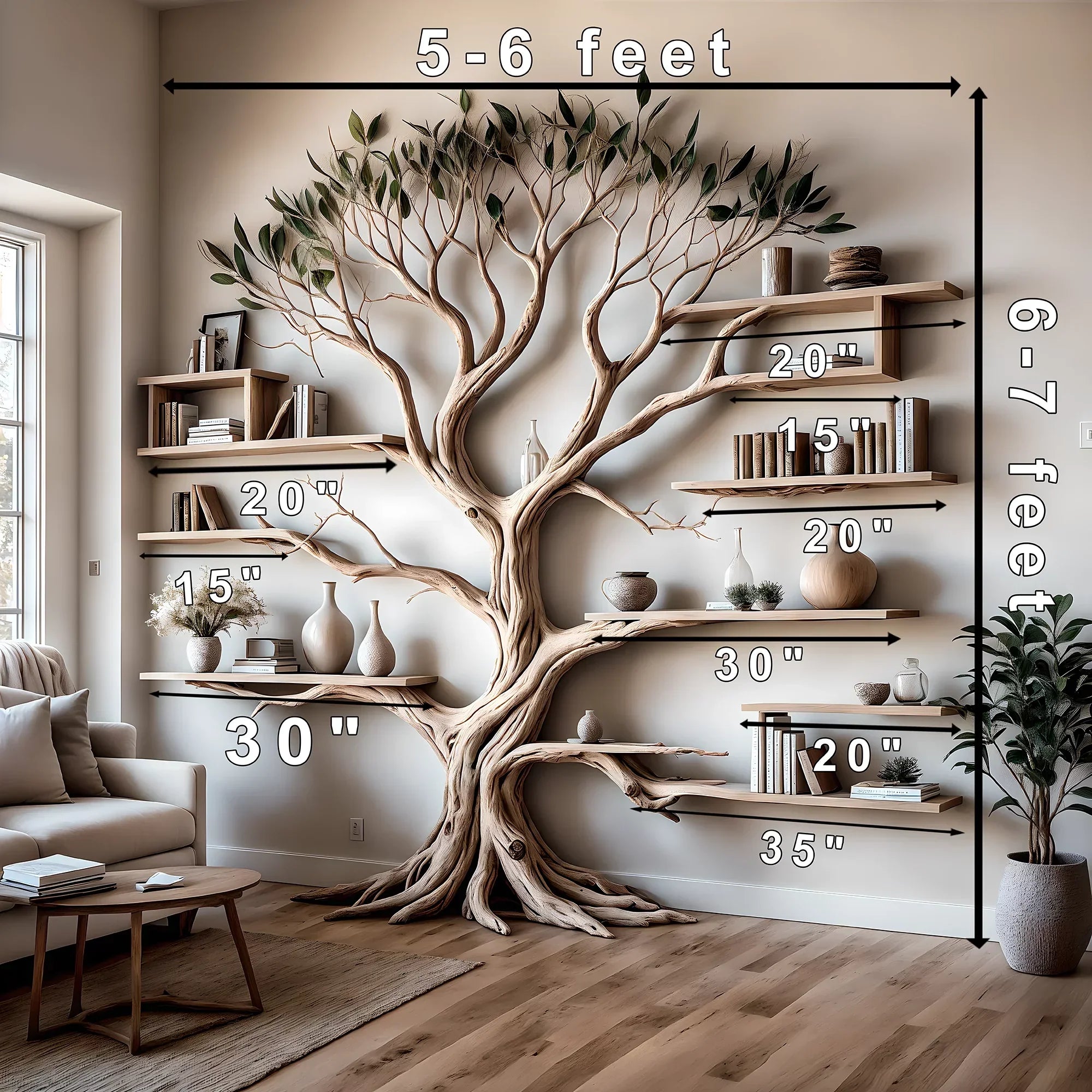 ancient tree bookshelf, floating bookshelf, solid wood 