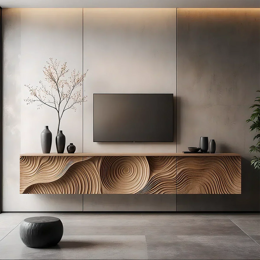 Art-Carved Solid Wood Floating TV Console – Modern Wave Texture Design - Rustira