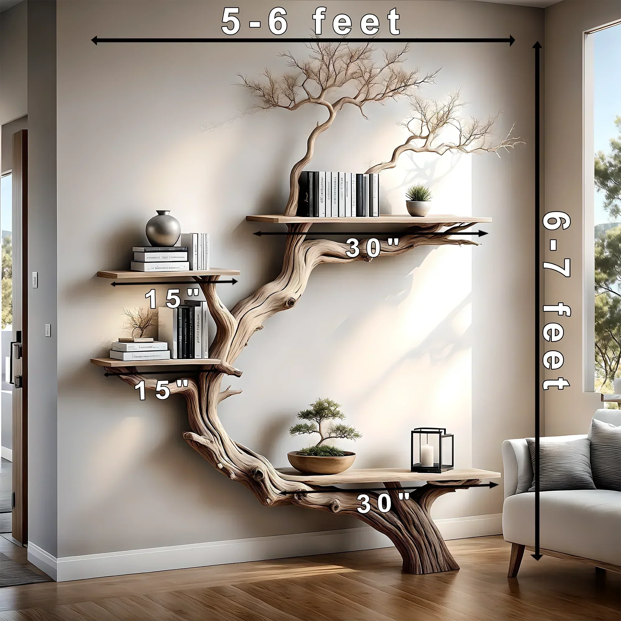 Tree branch bookshelf, handmade items, floating bookshelf, bookshelf, living room, bookshelf 
