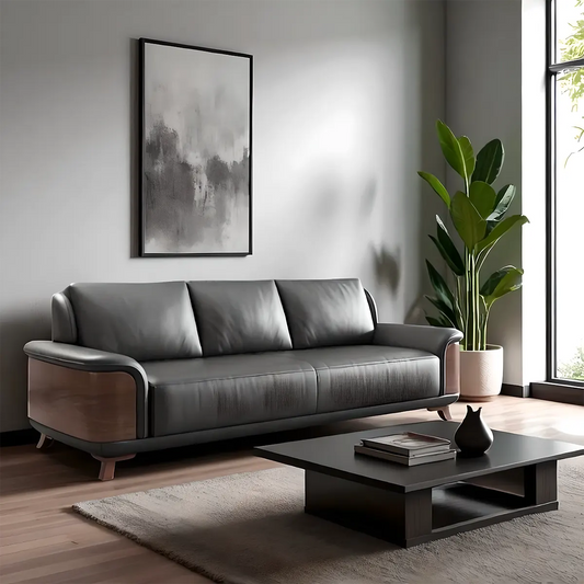 Ash Wood Sofa Covered With High-Quality Black Leather - Modern Luxurious Design 