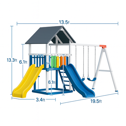 Backyard Wooden Swing Set with Playhouse & Double Slides – Safe for Kids