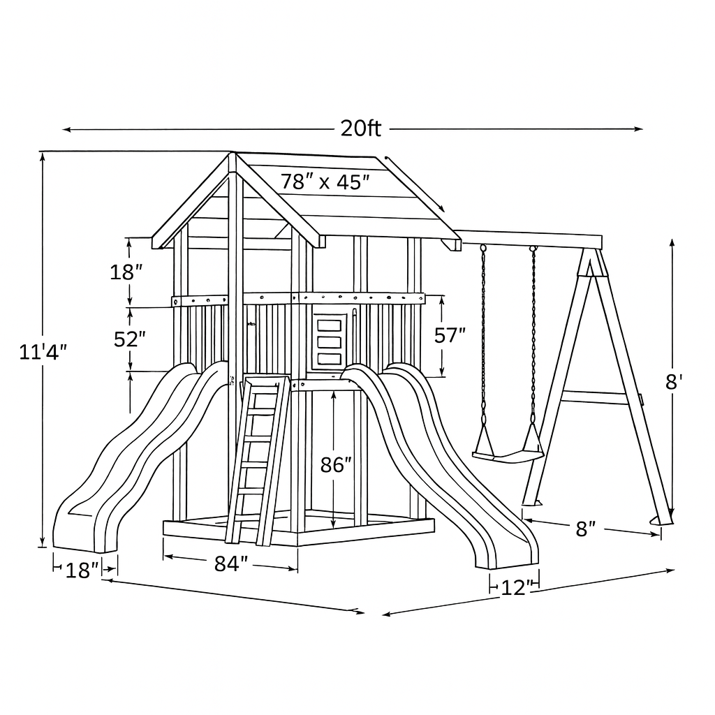 Wooden Outdoor Play Structure – Twin Playhouse, Swings & Slides for Kids