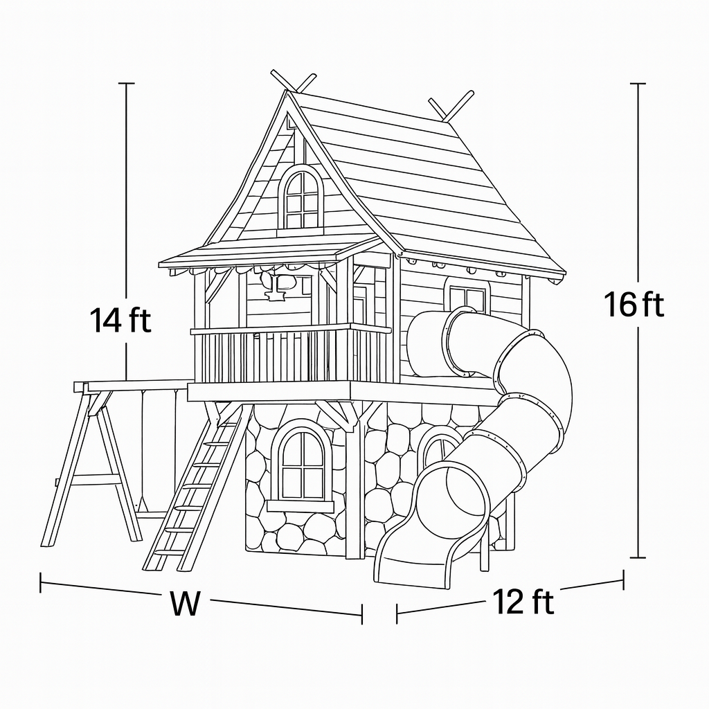 Two-Story Wooden Playhouse with Spiral Tube Slide & Swings | Outdoor Castle Playground for Kids Backyard Fun