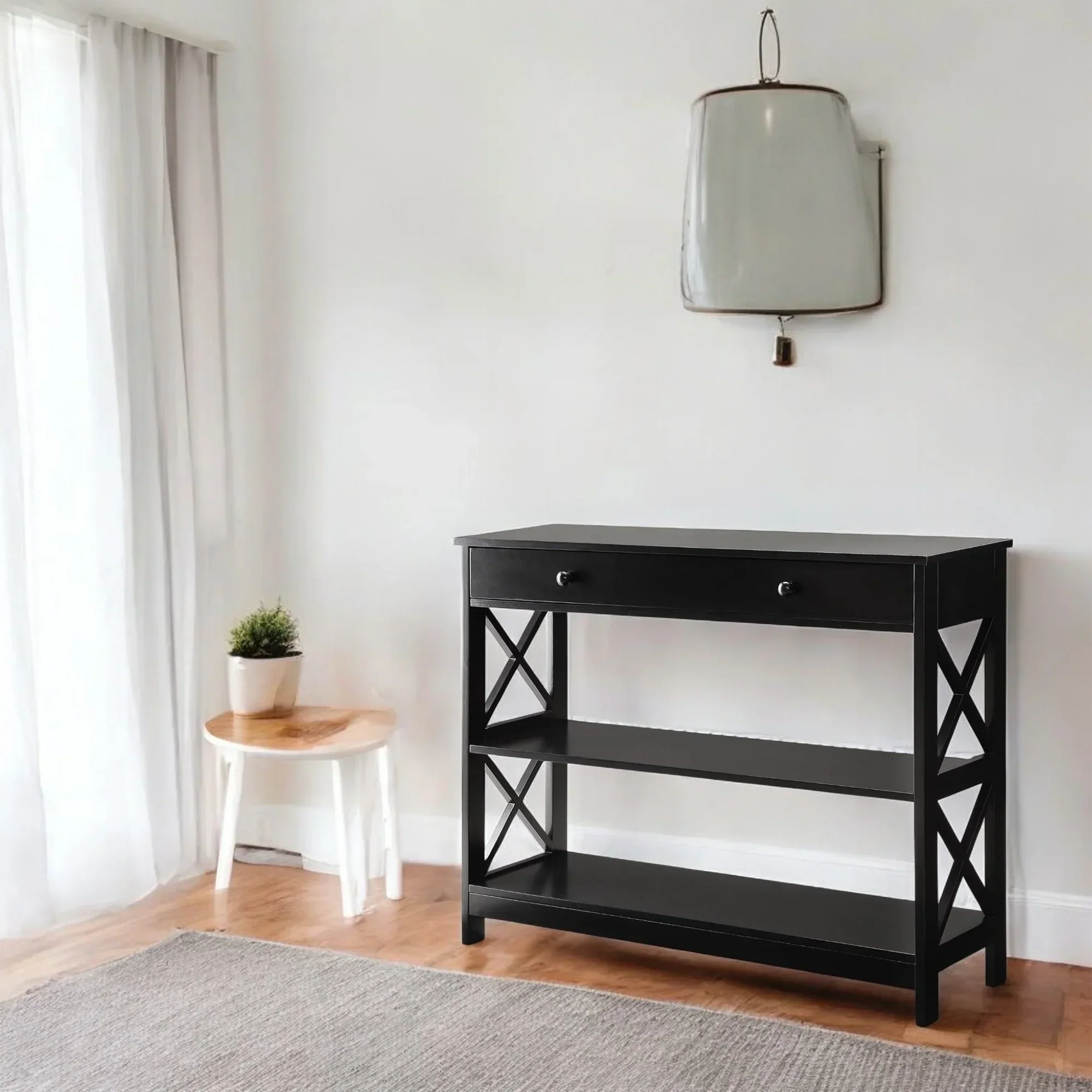 Black Console Table with Drawer and Open Shelves – Elegant Accent 