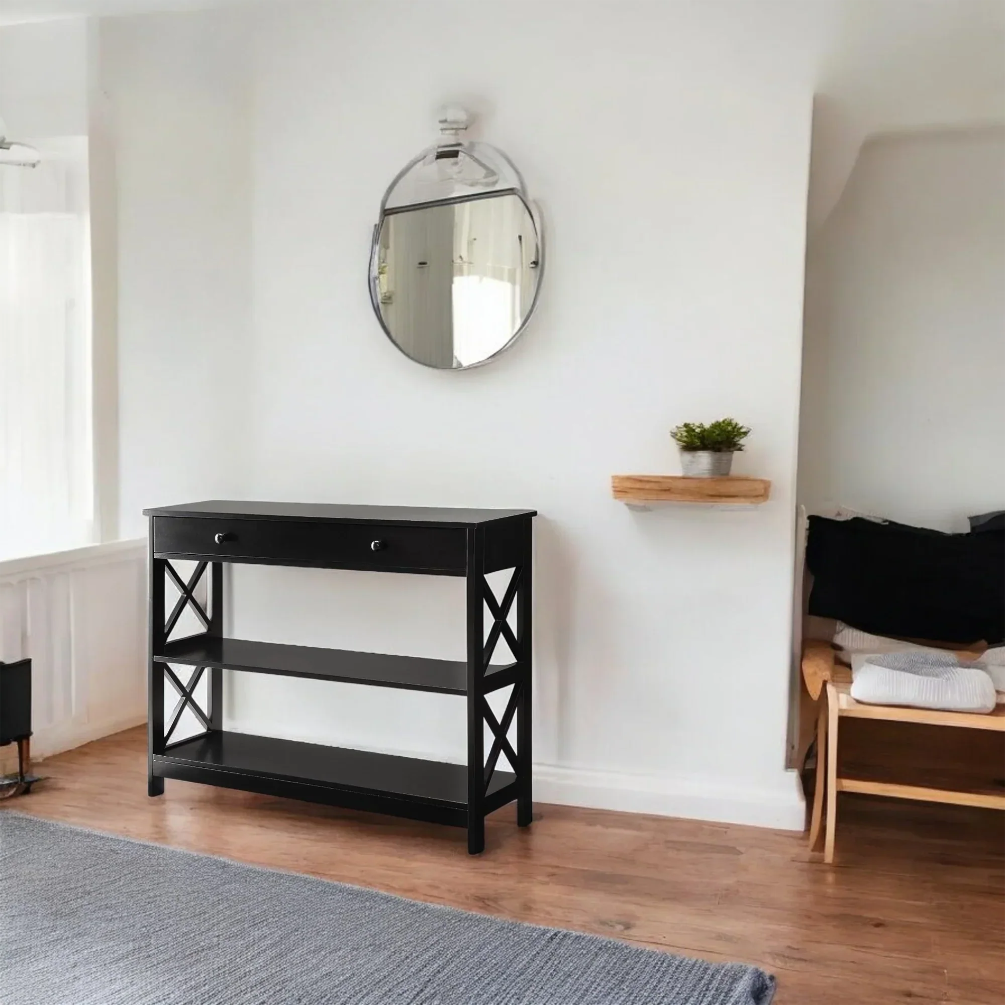 Black Console Table with Drawer and Open Shelves – Elegant Accent 