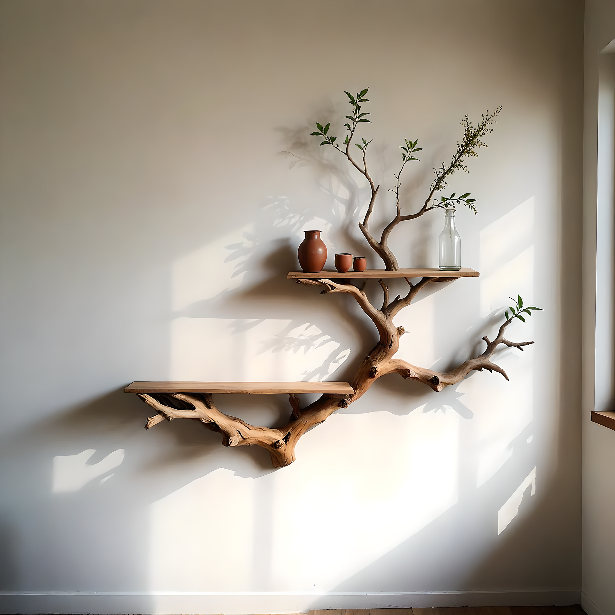Boho Tree Branch Shelf – Reclaimed Wood Bookshelf for Eco Homes 