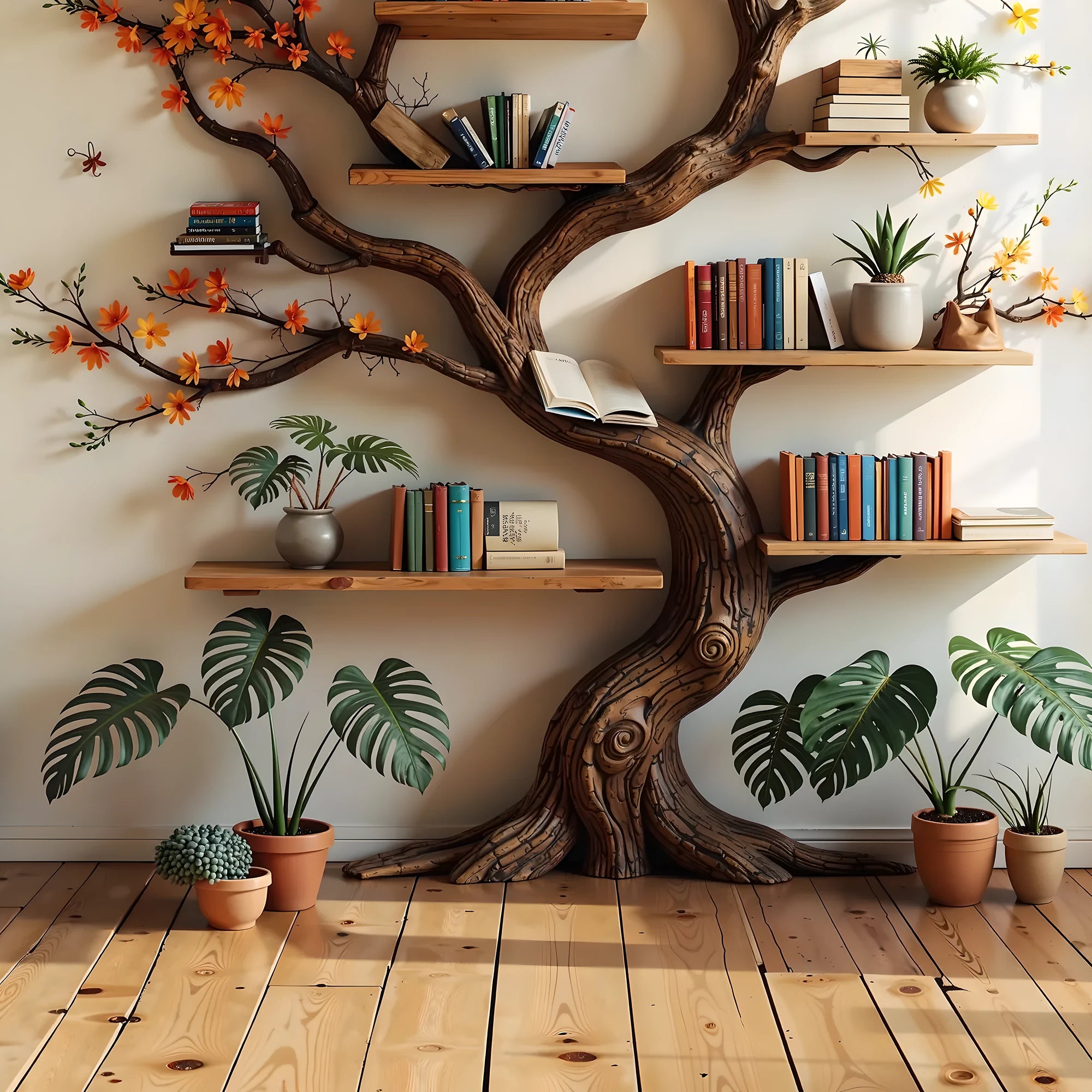 Branch-Shaped Wooden Bookshelf – Stylish & Unique Storage . 