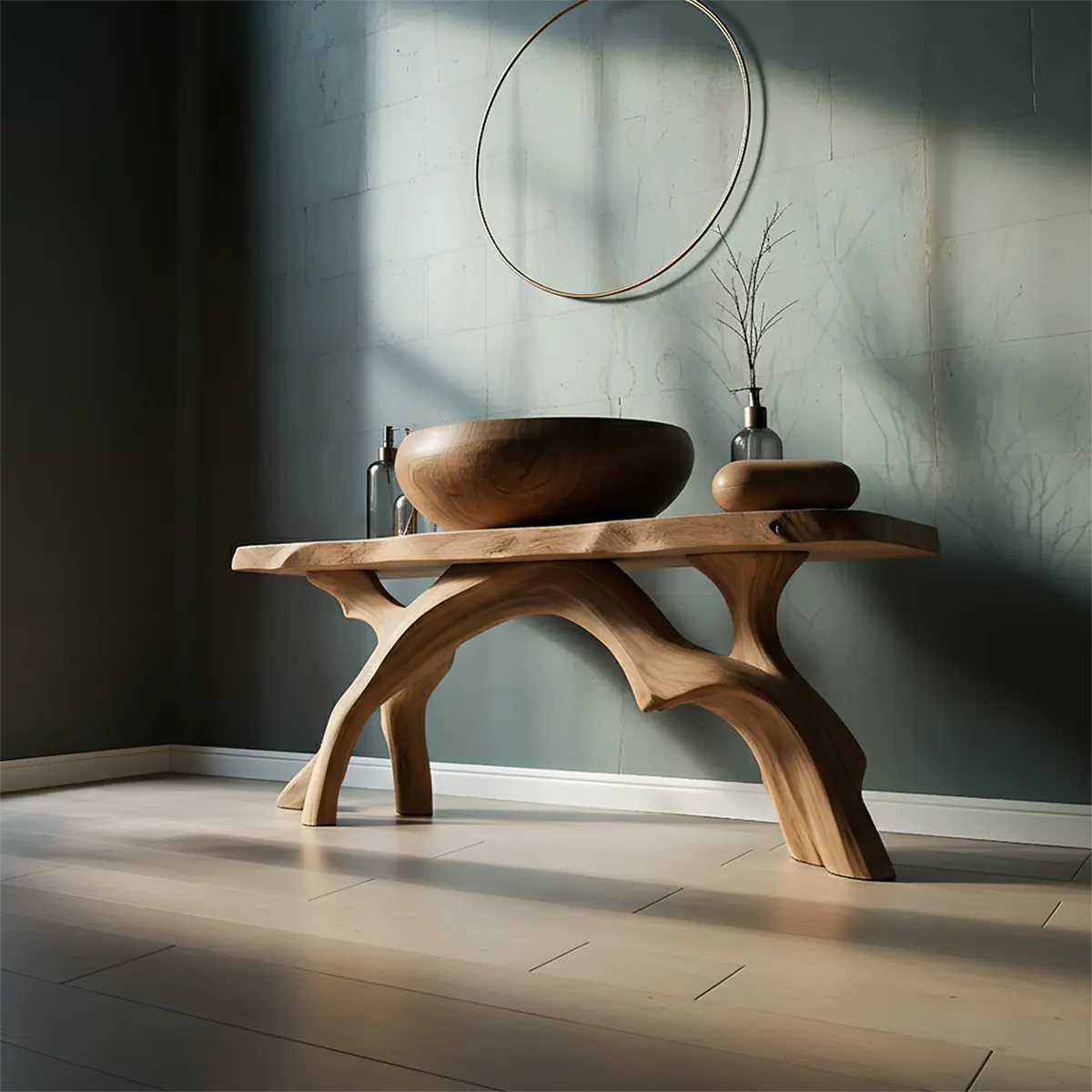 BranchArc Vanity – Sculpted Solid Wood Bathroom Console - Rustira