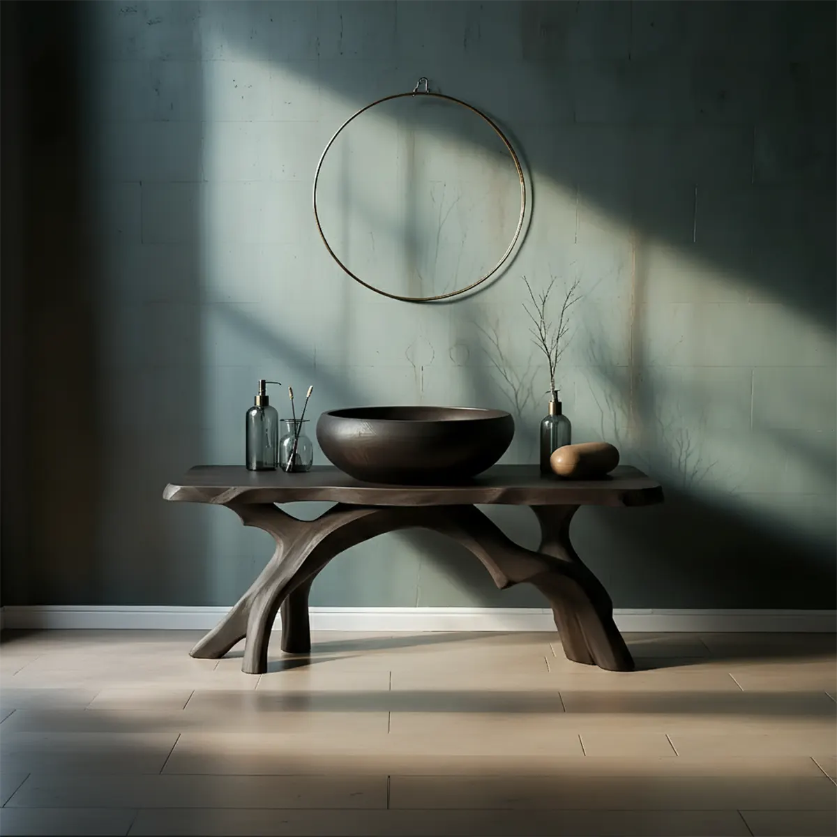 BranchArc Vanity – Sculpted Solid Wood Bathroom Console - Rustira