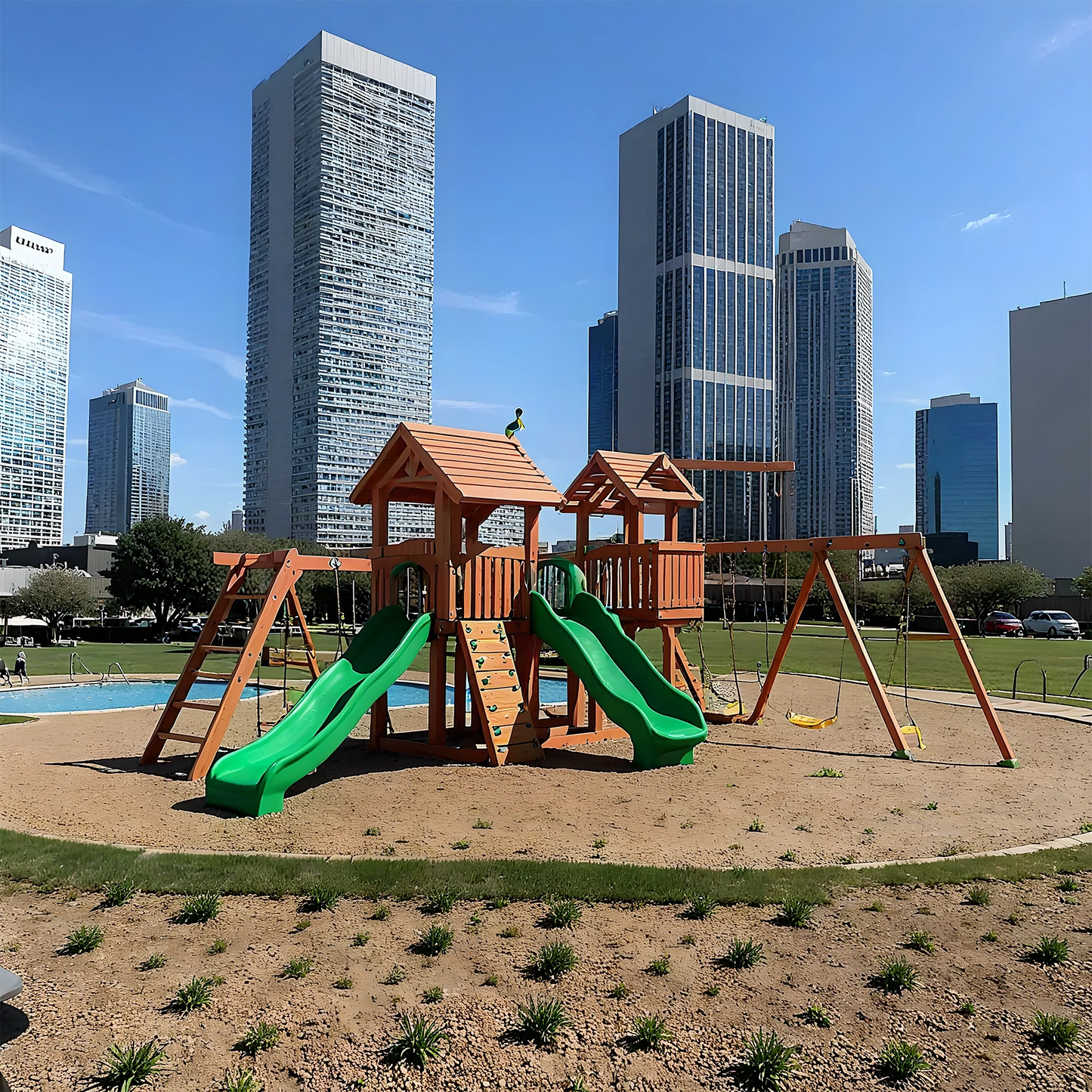 Outdoor Wooden Playset with Playhouse, Swings, Rock Wall & Double Slide for Kids