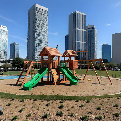 Outdoor Wooden Playset with Playhouse, Swings, Rock Wall & Double Slide for Kids
