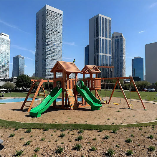 Outdoor Wooden Playset with Playhouse, Swings, Rock Wall & Double Slide for Kids
