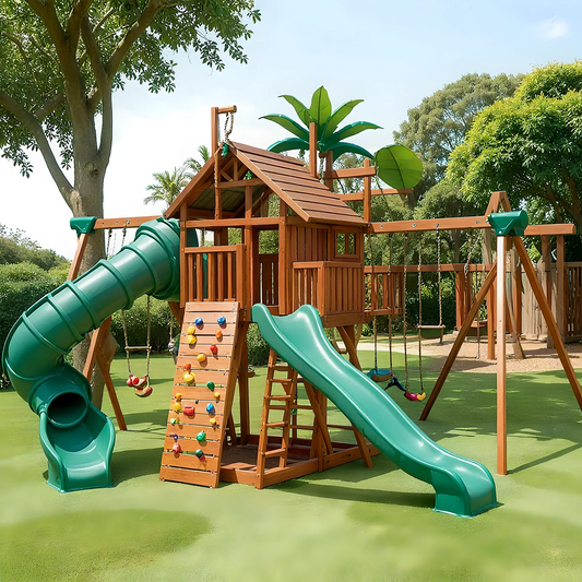 Premium Wooden Swing Set with Dual Slides, Playhouse Deck & Multiple Swings