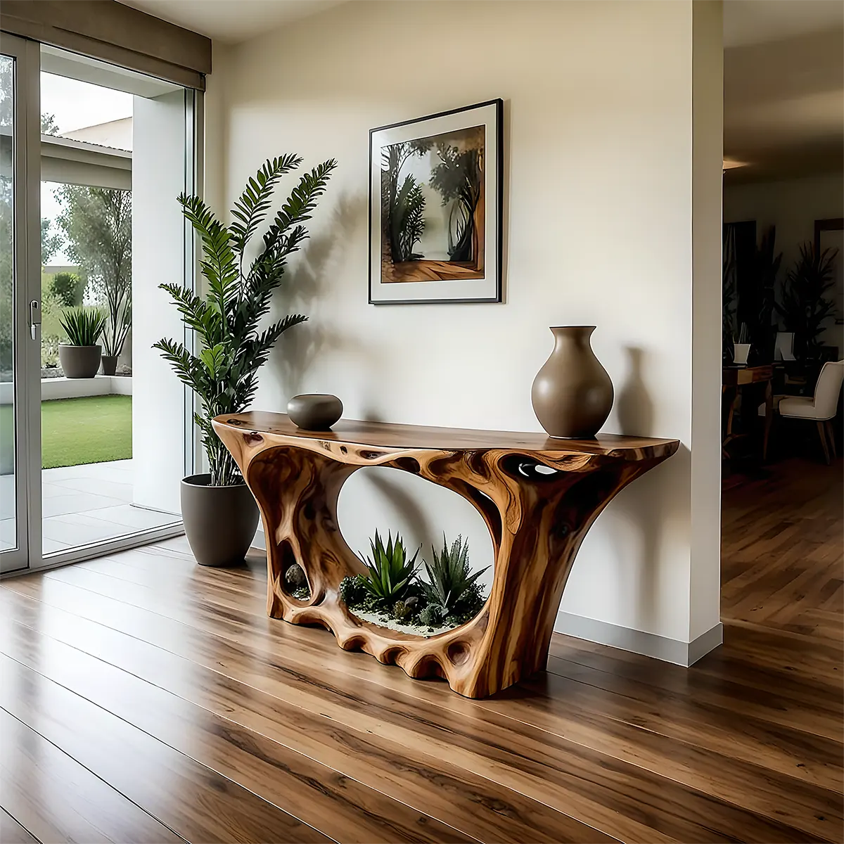 Carved Root Walnut Console Table – Organic Wood Design - Rustira