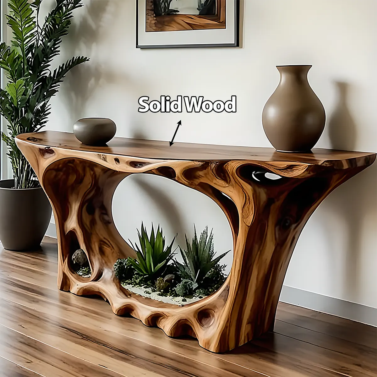 Carved Root Walnut Console Table – Organic Wood Design - Rustira