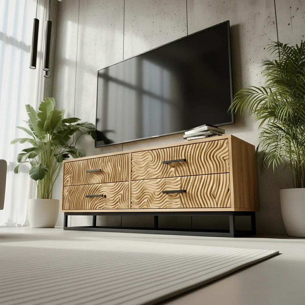 Carved Solid Wood TV Stand – Modern Textured Media Console with Metal Base - Rustira