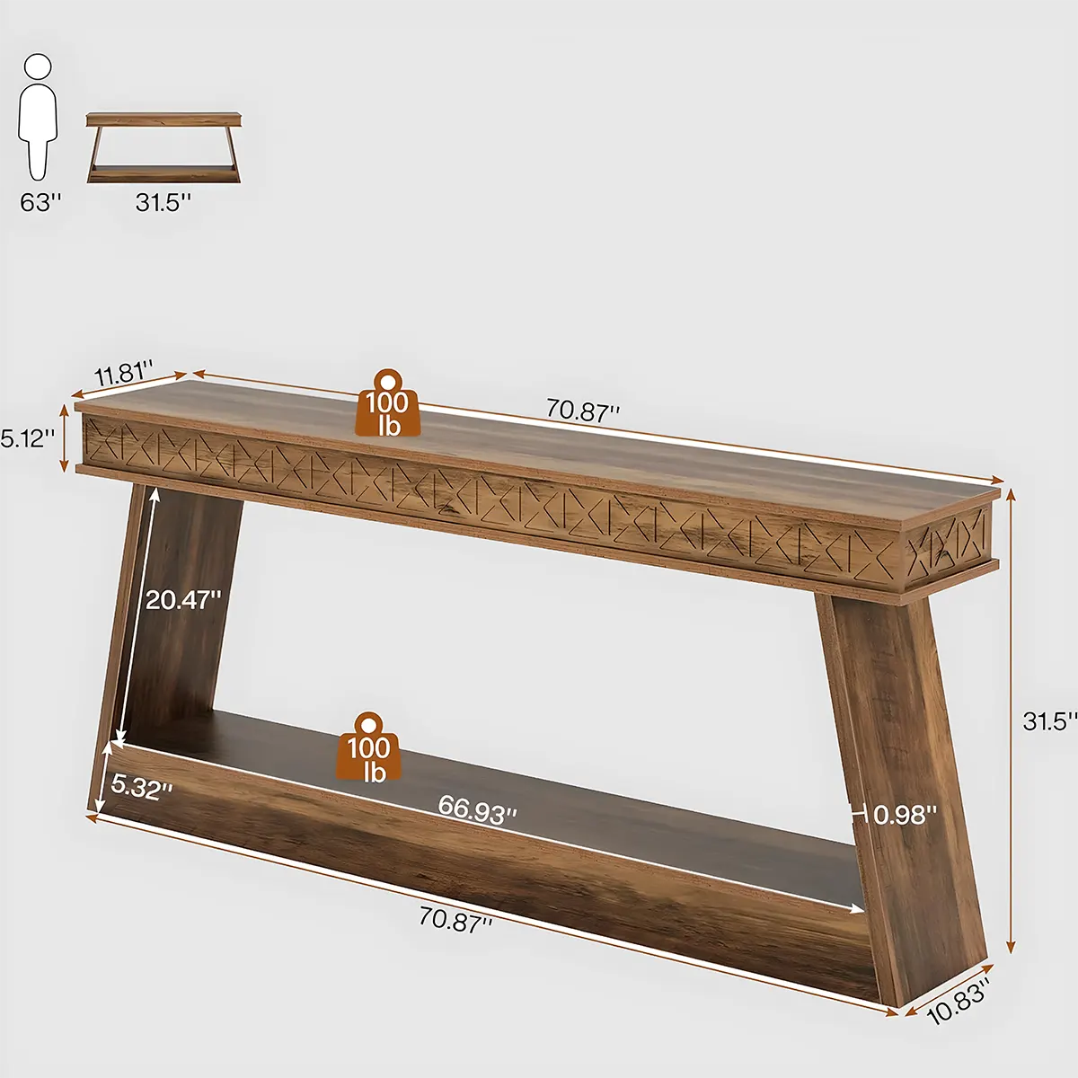 Carved Wooden Console Table – 2-Tier Display Shelf 180cm, U-Shaped Structure – Modern Style 