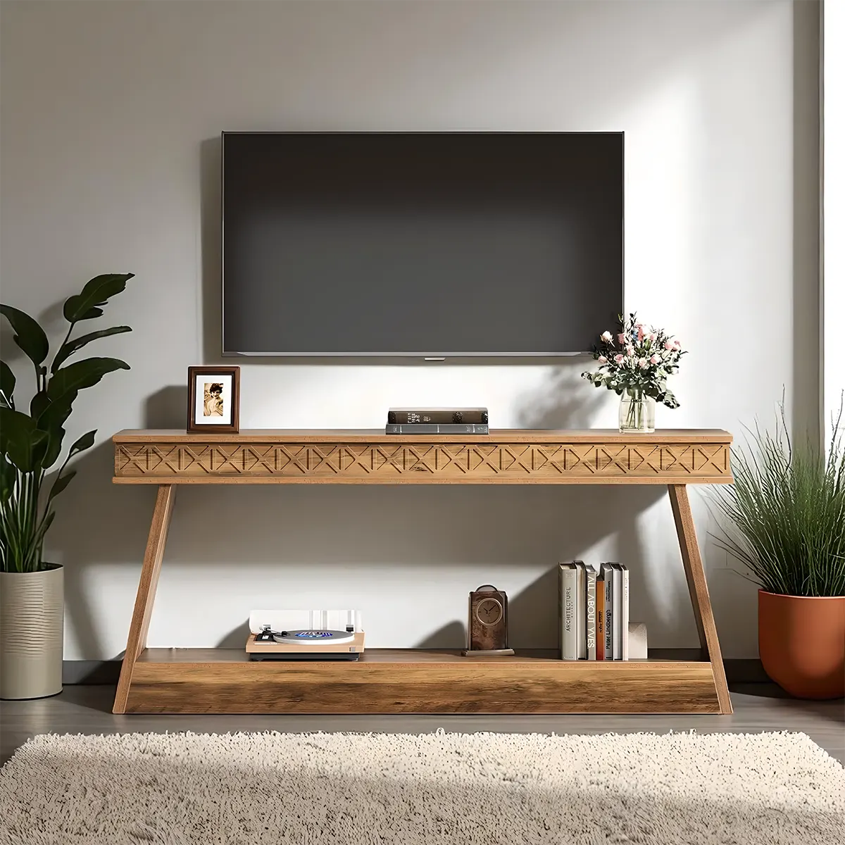 Carved Wooden Console Table – 2-Tier Display Shelf 180cm, U-Shaped Structure – Modern Style 