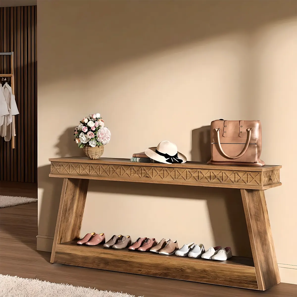 Carved Wooden Console Table – 2-Tier Display Shelf 180cm, U-Shaped Structure – Modern Style 