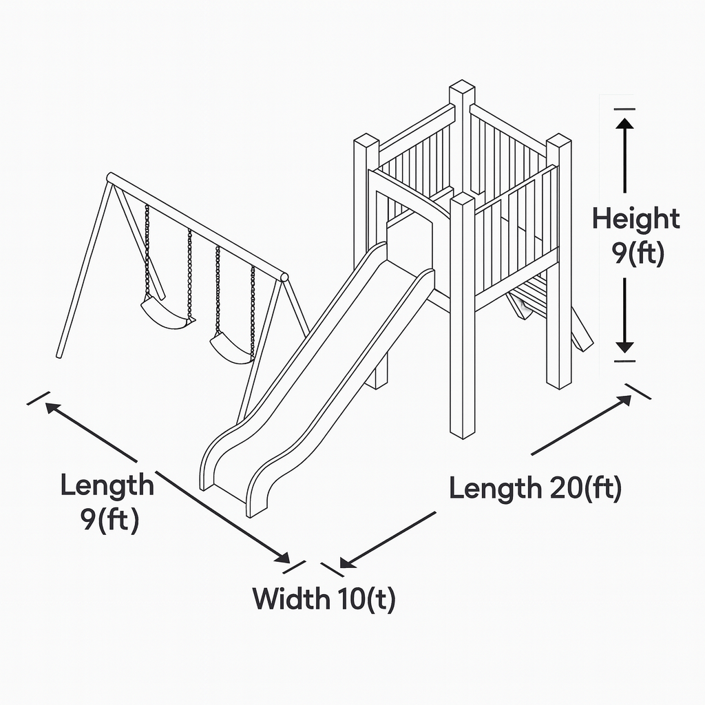 Modern Wooden Outdoor Playhouse with Slide & Swings – 20x10 ft Kids Backyard Playground
