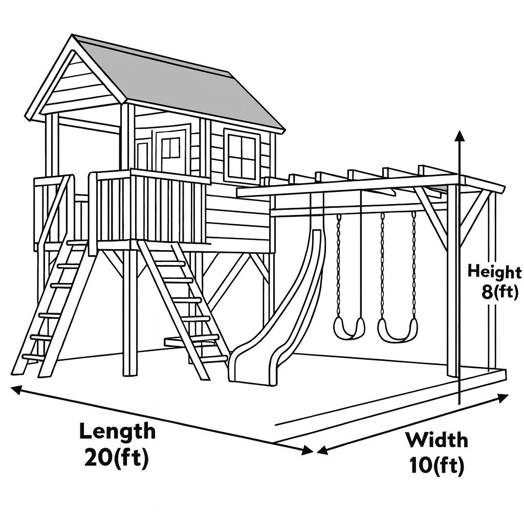 Luxury Wooden Playhouse with Deck, Swing & Slide – 20ft Backyard Kids Outdoor Playground