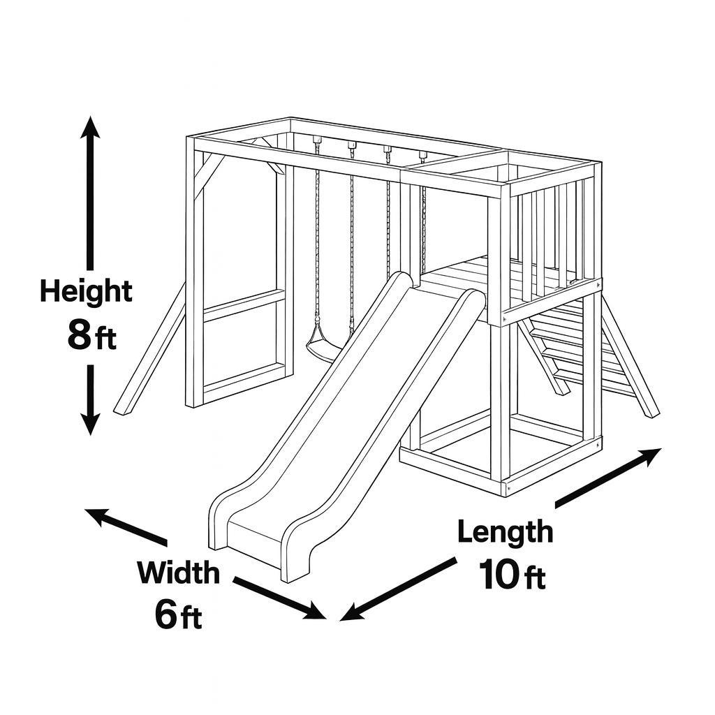 Modern Wooden Backyard Playhouse with Slide & Swings – Compact 10x6x8 ft Outdoor Playground