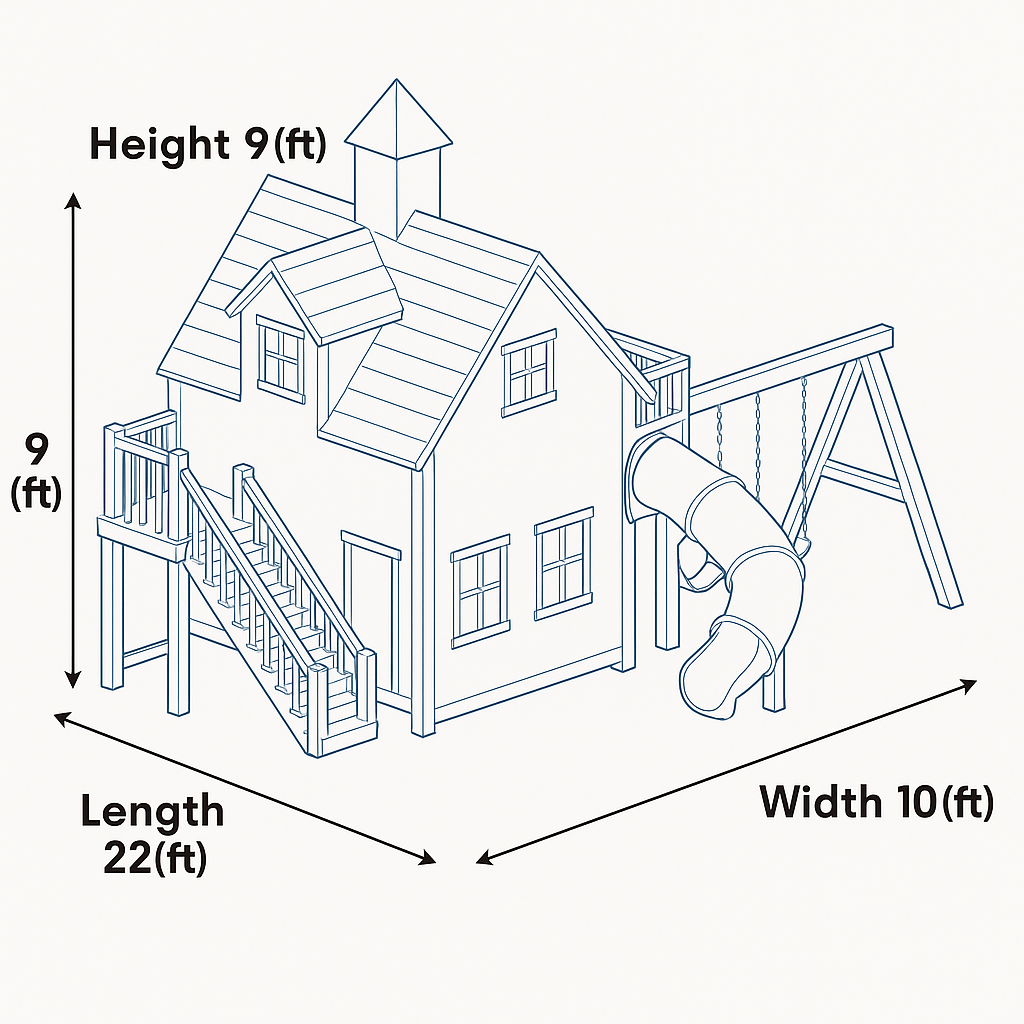 Luxury Two-Story Wooden Playhouse with Spiral Slide and Dual Swings – 22x10 ft Outdoor Activity Set