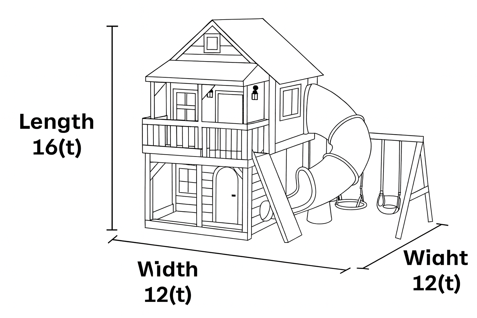 Luxury Two-Story Wooden Playhouse with Spiral Slide and Swings – 16ft x 12ft Outdoor Kids Playset
