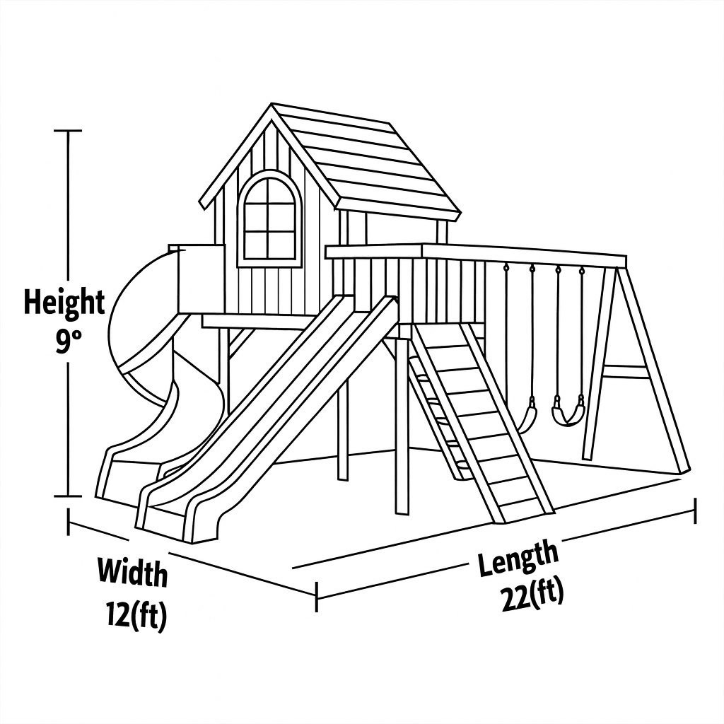 Backyard Wooden Playhouse with Dual Slides, Swings & Rock Wall – Outdoor Kids Playground Set 22x12x9 ft