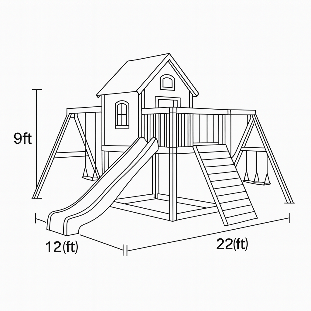 Deluxe Wooden Outdoor Playhouse with Slide, Swings & Climbing Wall – 22x12ft Backyard Playground Set