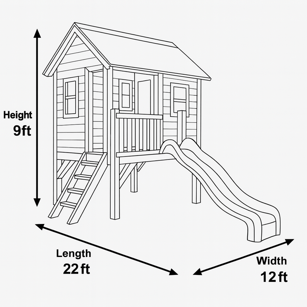 Wooden Kids Playhouse with Slide | Outdoor Backyard Play Structure 22ft x 12ft x 9ft
