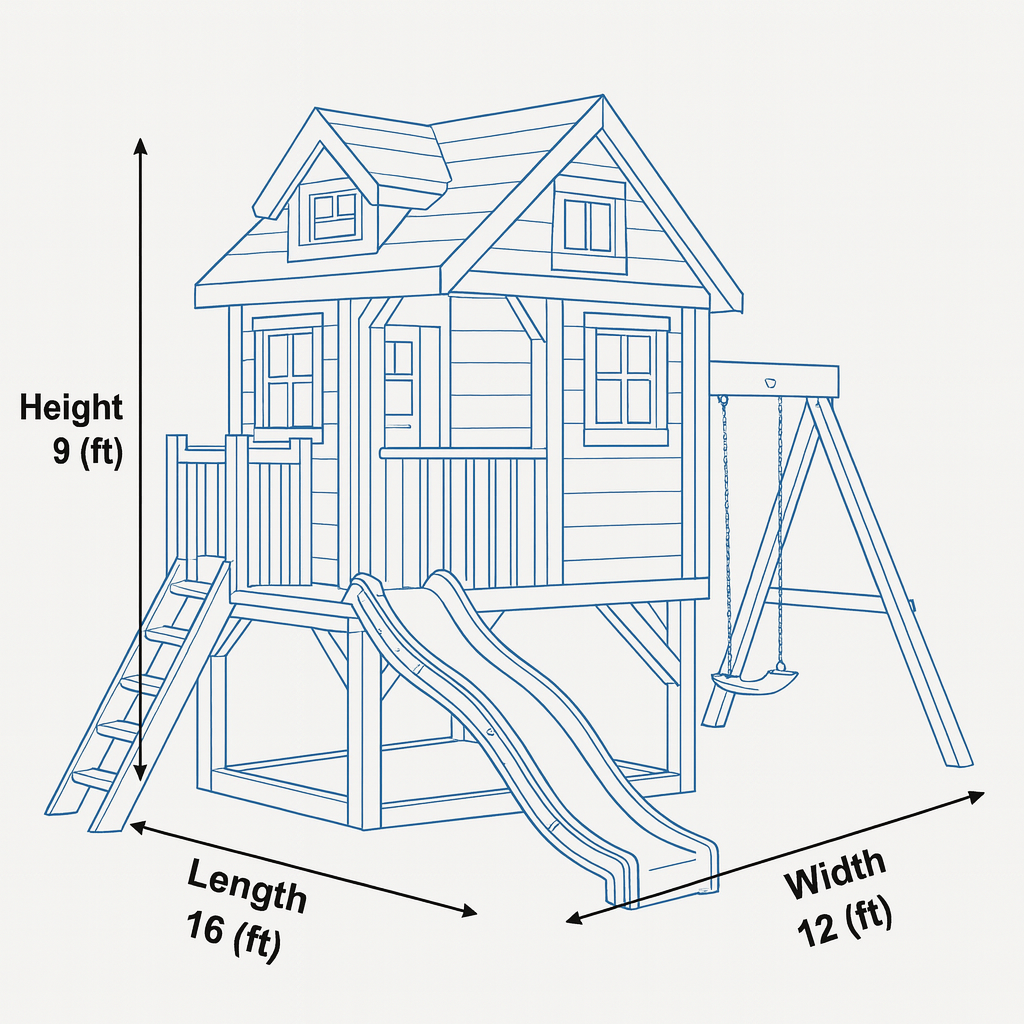 Wooden Playhouse with Slide and Swing – Elevated Backyard Kids Outdoor Playset 16x12 ft