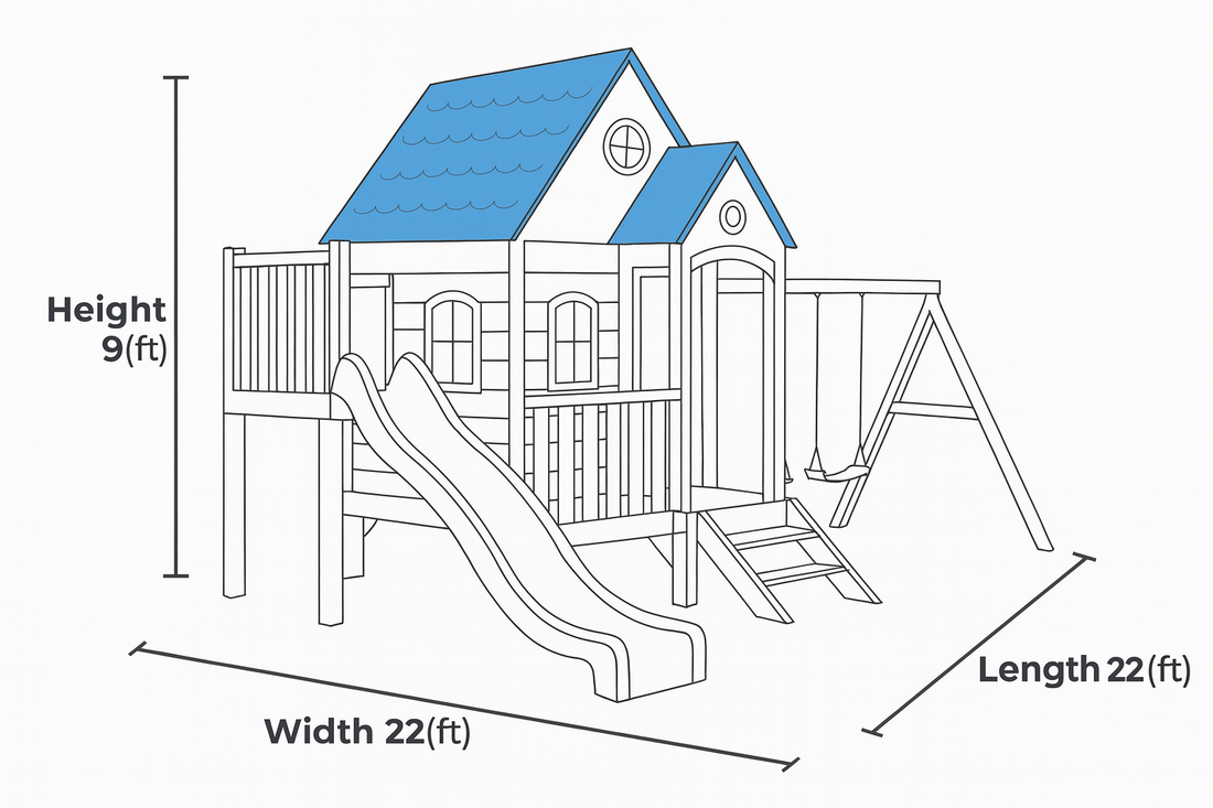 Luxury Wooden Playhouse with Slide & Swing Set – Outdoor Kids Play Structure 22x22 ft, 9 ft Height