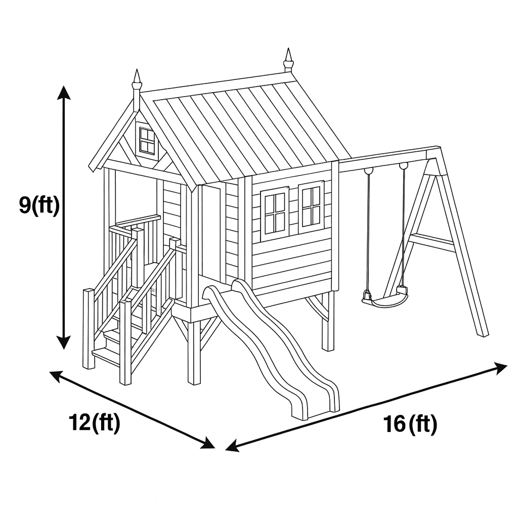 Wooden Playhouse with Slide & Swing – 16ft | Outdoor Backyard Playground