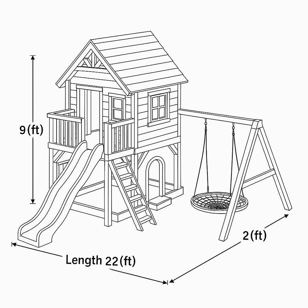 2-Story Wooden Playhouse with Double Slide & Nest Swing – 22ft | Backyard Playground