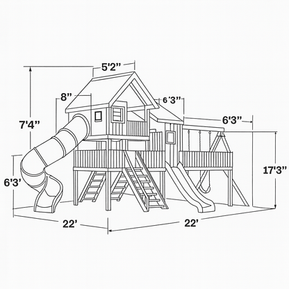 Wooden Playhouse Tower with Sandbox, Swings & Wave Slide – Outdoor Kids Playset