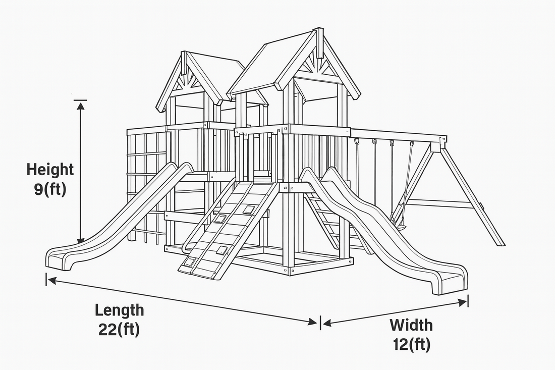 Outdoor Wooden Swingset with Playhouse, Slide & Climbing Wall