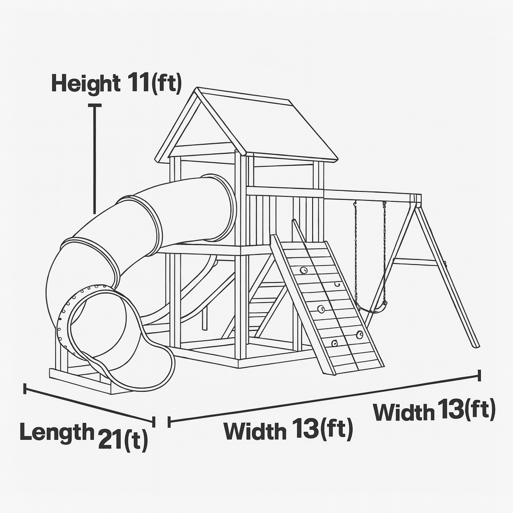 Premium Wooden Swingset with Tube Slide, Rock Wall & Dual Swings – 21ft x 13ft x 11ft Heavy-Duty Backyard Playset